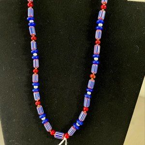 Handmade African  beaded necklace with antique chevrons and pearls